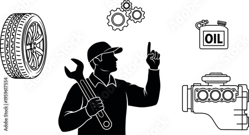 Mechanic, car repair, service icons, black vector illustrations, tools, oil, tire