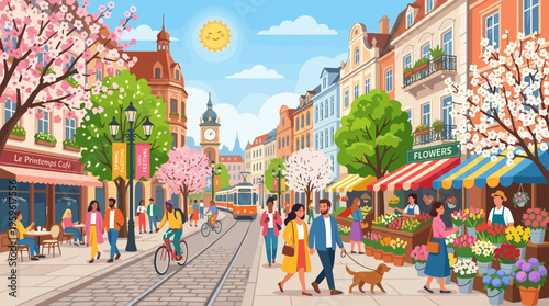 Vibrant Springtime City Street Scene with Bustling Activity.