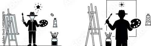 painter, artist, silhouette, black and white, illustration, vector graphics, painting, art, creative, easel, paint