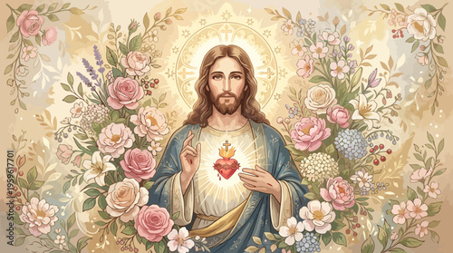 Jesus Christ with Sacred Heart and Floral Halo.