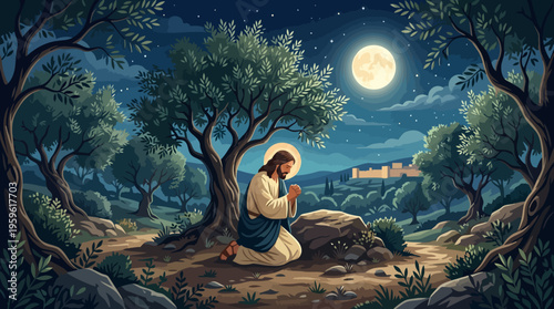 Jesus Christ Praying in Garden at Night Under Moonlight.