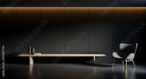 Dark Modern Minimalist Interior with Designer Armchair and Long Wooden Bench