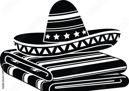 Mexican sombrero with folded serape blanket in black and white vector illustration, traditional fiesta symbol for culture, travel and celebration design