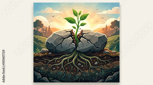 Vibrant green sprout emerges from cracked rock, symbolizing resilience and new beginnings.