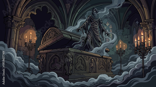 Ancient stone sarcophagus in a dark, mysterious crypt with ethereal smoke and flickering candles.