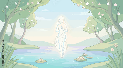 Ethereal spirit emerging from tranquil waters in a serene natural setting.
