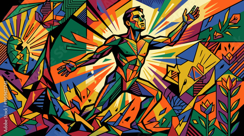 Vibrant abstract cubist man reaching upwards, colorful artistic expression.