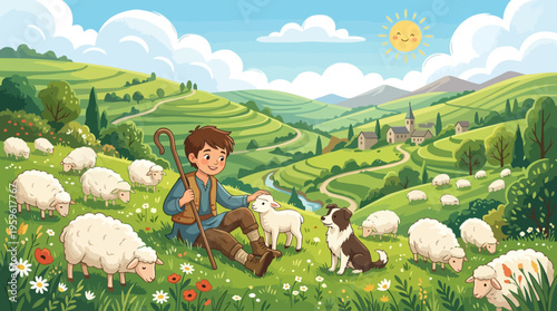 Young Shepherd Boy Tending His Flock of Sheep and Lambs in a Green Field.