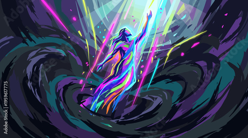 Vibrant Abstract Figure Reaching Towards Light.