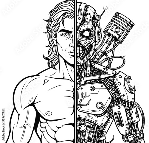 Half Robot Half Human Vector – Black and White Cyborg Face Illustration