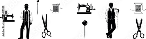 Sewing icons, tailor graphics, vector sewing tools, black silhouette illustrations