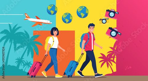 Travel vector illustration of couple with suitcases and globes, symbolizing global vacation and journey