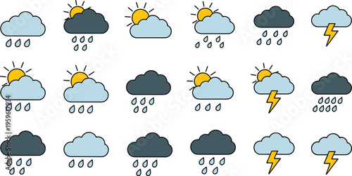 Weather icon set, cloud rain thunder sun symbols collection, meteorology forecast elements, climate signs pack, flat minimal vector illustration