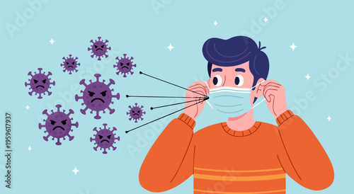 Pandemic protection vector illustration of a person wearing a face mask to protect against COVID-19 virus particles