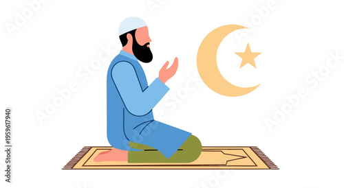 Ramadan vector illustration of a Muslim man praying on a rug with a crescent moon and star symbol