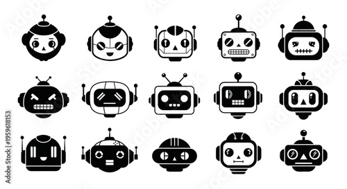 Robot Head Character Vector – Black and White Futuristic Mascot Illustration 4