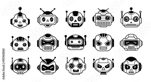 Robot Head Character Vector – Black and White Futuristic Mascot Illustration 3