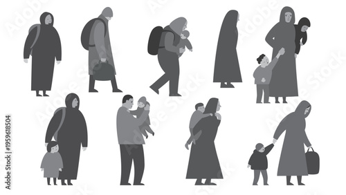 Black and White illustration of Moving people, Refugees. Crowd human emigration.