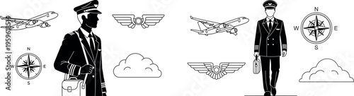 Pilot, aviation icons, black and white, vector graphics, airline symbols, travel illustrations