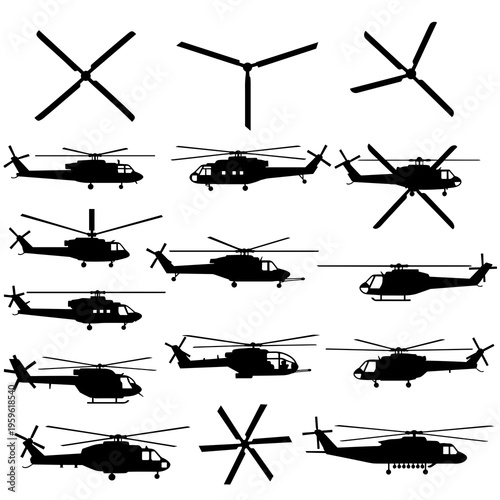 Set of black helicopter silhouettes and rotor blade icons