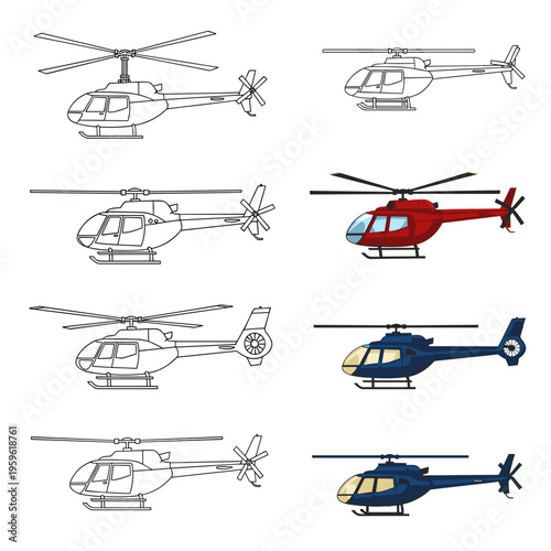 Grid of different helicopter illustrations in outline and color