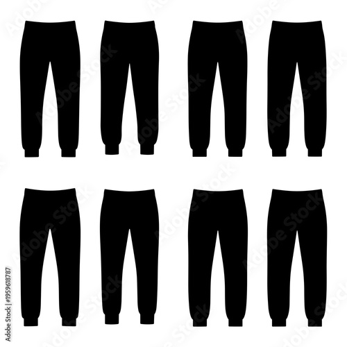 Set of black sweatpants silhouettes in various poses
