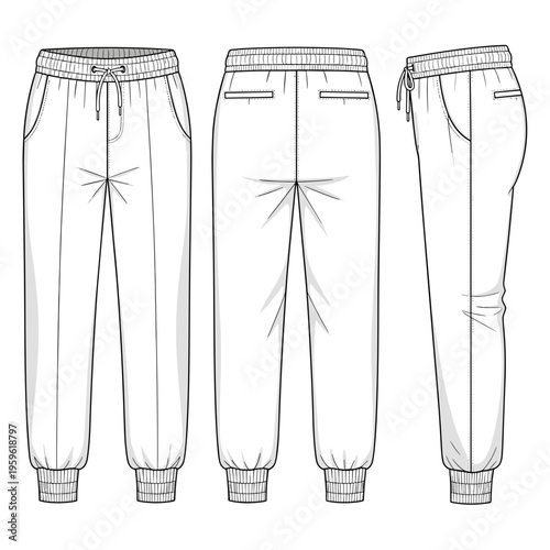 Technical sketch of sweatpants showing front side and back views