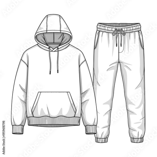 Fashion flat sketch of a hoodie and joggers outfit set