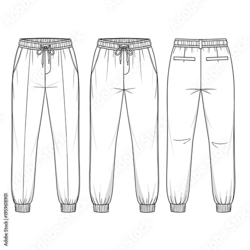 Set of technical joggers sketches showing multiple views