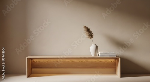 Minimalist Wooden Bench with Vase and Dried Leaf in Warm Sunlight
