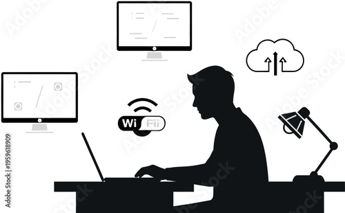 Businessman working, office workspace, computer setup, wireless internet, modern workspace
