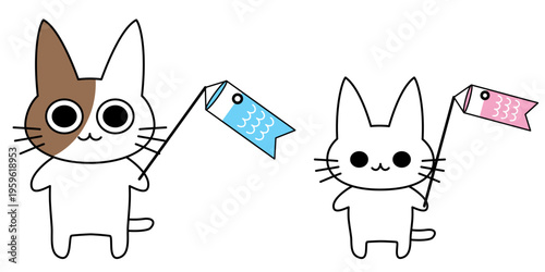兄妹の猫と鯉のぼりのかわいいイラスト 子どもの日を表現したシンプルなフラットベクター素材