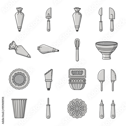 Set of professional baking tools including piping bags and spatulas