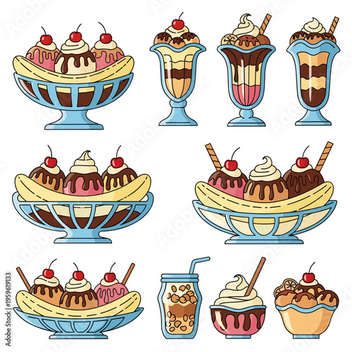 Grid of different ice cream sundae and banana split styles