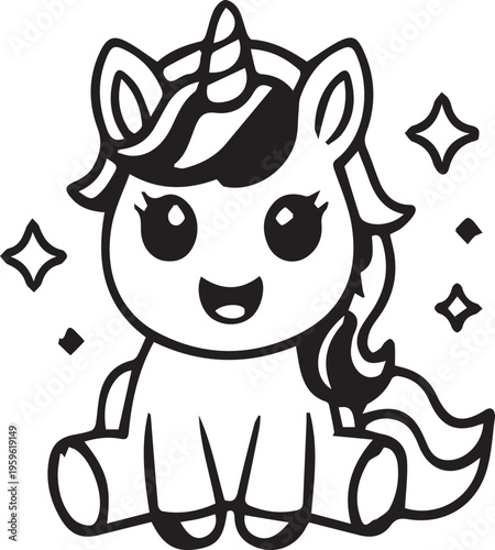 cute sitting baby unicorn coloring page with stars vector line art.