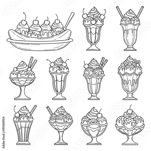 Large collection of ice cream sundae and milkshake outlines
