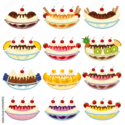 Grid of small banana split and ice cream icons in different flavors