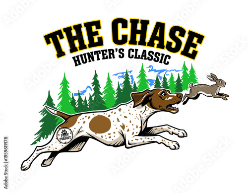 Hunting dog chasing hare vintage graphic. Forest adventure artwork for t-shirt print, poster, sticker, apparel design, outdoor wildlife sports club.