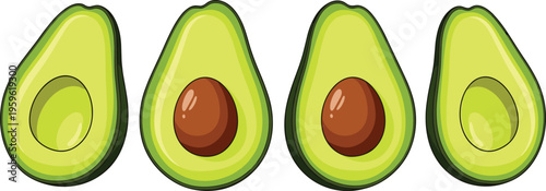 Avocado halves collection with seed and without, fresh healthy food vector illustration for organic diet, vegan nutrition, and tropical fruit design