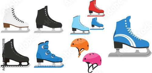 Ice skating equipment set with figure skates and helmets, winter sports vector illustration for skating, training, and cold season activity design