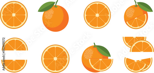 Orange slices and whole fruit collection with fresh citrus segments, juicy vector illustration for healthy eating, organic nutrition, and summer food design