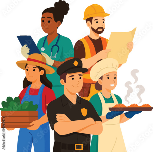 Diverse professional workers group illustration, essential labor force in uniform, multi-ethnic community of different occupations and careers