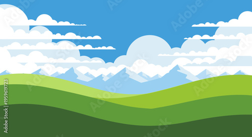 Flat Vector Illustration of Green Rolling Hills and Blue Mountains with White Clouds Under a Clear Sky Landscape Background