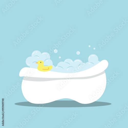 Baby bathtub with foam and yellow rubber duck on blue background. Vector cartoon illustration of bubble bath time. Cute white bathtub with soap suds and toy duck.
