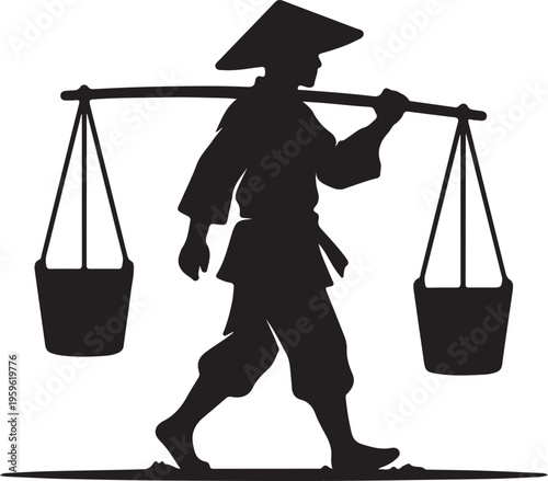 Silhouette of asian farmer carrying water buckets on a shoulder pole, evoking traditional labor and rural life