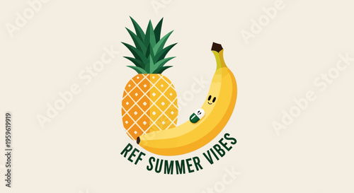 Minimalist Fruit Character Illustration with Pineapple and Smiling Banana Holding a Vitamin Pill, Summer Vibes Concept Vector