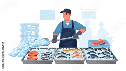 Fresh Catch: A skilled fishmonger expertly arranges a variety of fresh seafood on a bed of ice, a testament to quality and freshness. 