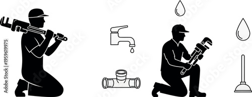 Plumber icons, plumbing tools, pipe repair illustrations, black silhouette graphics