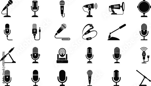 Minimalist black microphone icon set featuring various audio recording, podcast, broadcasting, and studio equipment symbols isolated on light background