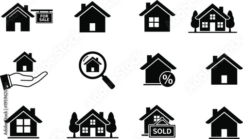 Real estate property icon set featuring house for sale, home search, mortgage rate, sold sign and residential building symbols